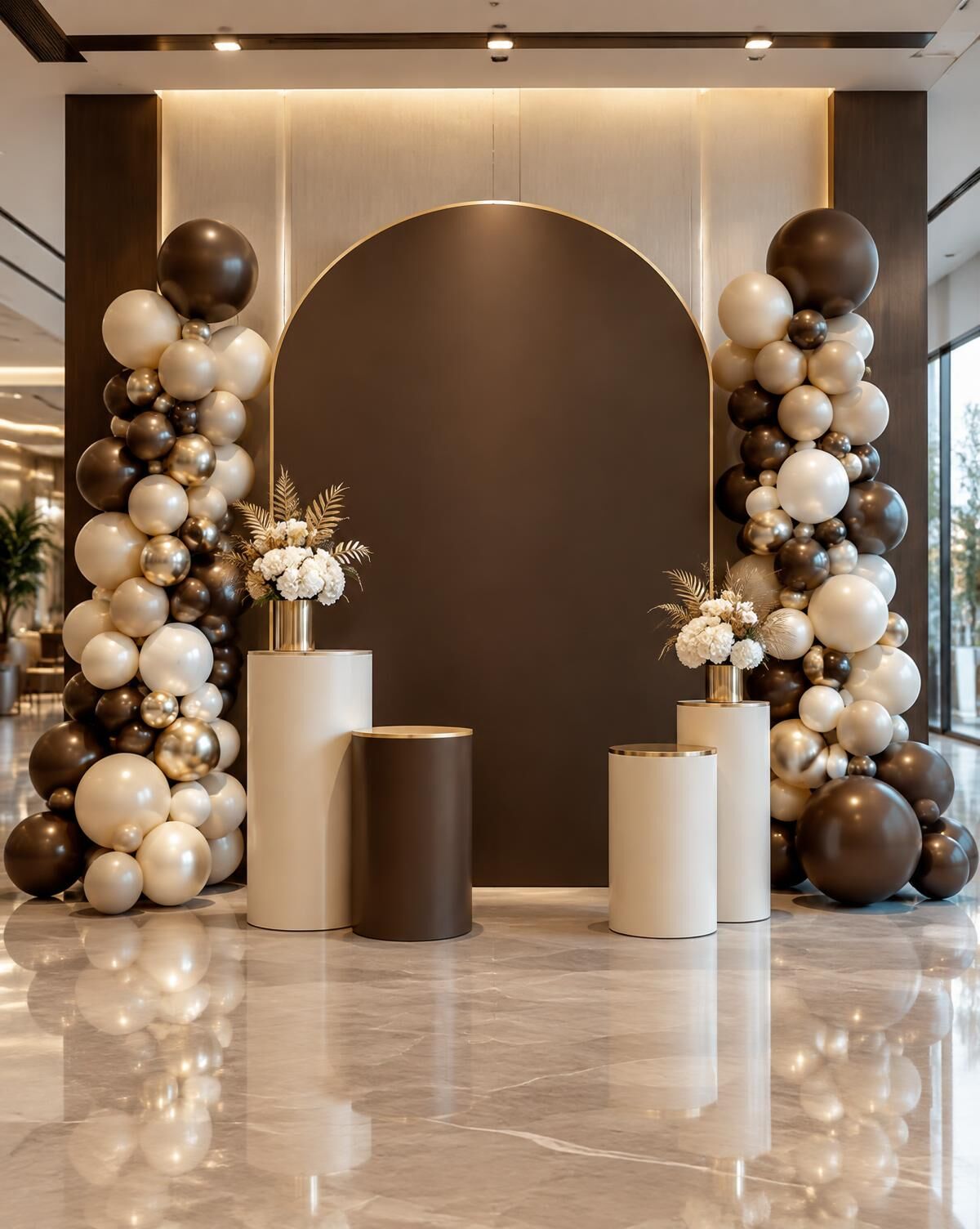 Espresso and ivory balloon columns framing a branded arch backdrop in a lobby