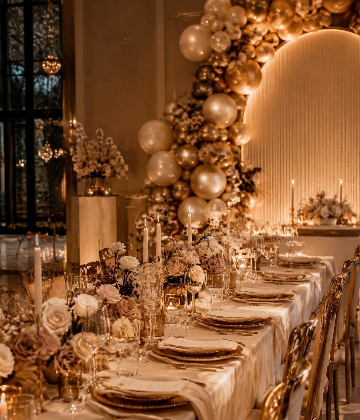 Candlelit tablescape with ivory linens, gold chargers and a champagne balloon installation